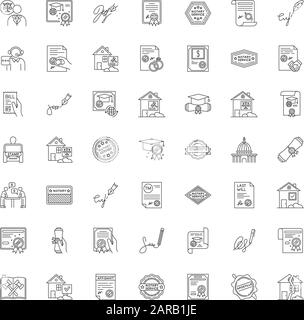 Notary services pixel perfect linear icons set. Apostille and legalization. Notarized document. Customizable thin line contour symbols. Isolated vecto Stock Vector