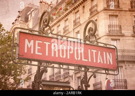 Paris metro sign - vintage filtered grungy style. Stock Photo