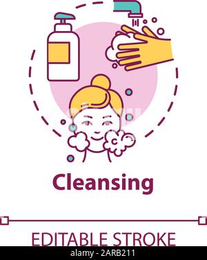 Cleansing, pore purification concept icon. Face skin washing, cleanser use, hygienic procedure idea thin line illustration. Vector isolated outline RG Stock Vector