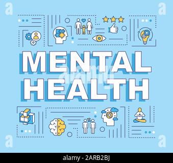 Mental health word concepts banner. Happy healthy mind. Joyful life. Work, family balance. Infographics with linear icons on blue background. Isolated Stock Vector