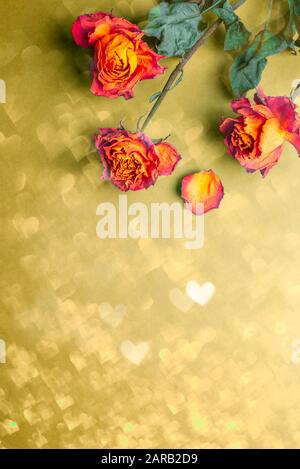 Dried orange roses, bunch of beautiful faded flowers on yellow background with heart bokeh Stock Photo