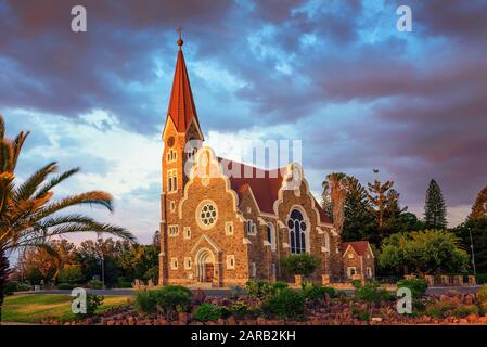 Sunset above Christchurch, a historic lutheran church in Windhoek, Namibia Stock Photo