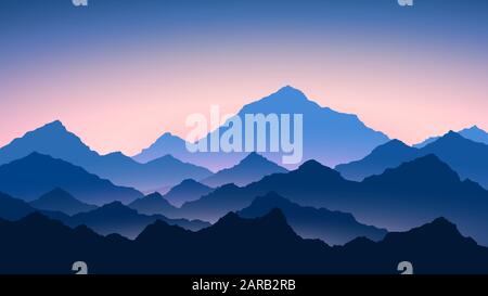 Sunrise in mountains. Colour mountains landscape. Hiking - morning view. Vector background Stock Vector