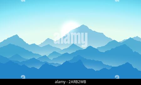 Sunrise in mountains. Mountains view in blue colors. Travel and tourism concept. Vector illustration Stock Vector