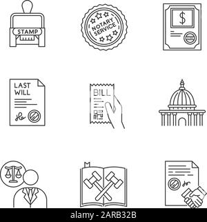 Notary services pixel perfect linear icons set. Stock certificate. Supreme court. Statute. Last will. Customizable thin line contour symbols. Isolated Stock Vector