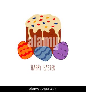Easter eggs decorated. Traditional food for the Orthodox and Catholic holidays. Inscription Happy Easter. Colorful illustration doodle style. Baking f Stock Vector