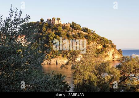 Viewed here and set in the Ionian Sea lies the beautiful Greek Town of Parga and it's Venetian Castle of Parga. Stock Photo