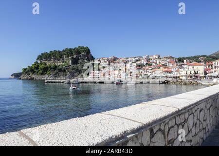 Viewed here and set in the Ionian Sea lies the beautiful Greek Town of Parga with it's Venetian Castle overlooking. Stock Photo