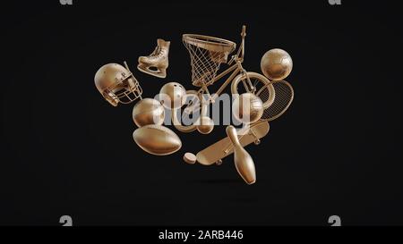 Random gold sports equipments on black background. Minimalist 3D illustration Stock Photo