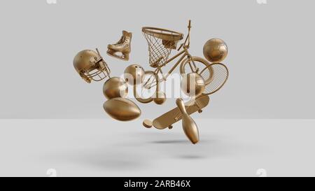 Random gold sports equipments on simple background. Minimalist 3D illustration Stock Photo