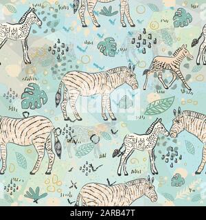 Seamless Pattern with Cute Hand Drawn Zebra. Scandinavian Style. Vector Illustration Stock Vector