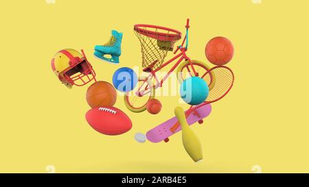 Random colors sports equipments on yellow background. Minimalist 3D illustration Stock Photo