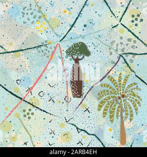 Seamless Pattern With Hand Drawn Palms and Baobabs. Scandinavian Style. Vector Illustration Stock Vector