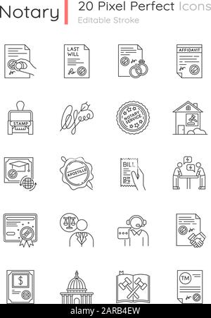 Notary services pixel perfect linear icons set. Apostille and legalization. Legal documents. Stamps. Customizable thin line contour symbols. Isolated Stock Vector