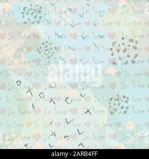 Cute seamless pattern with written words and hearts on white background Stock Vector
