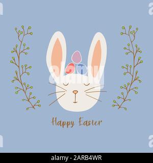 Easter bunny with easter eggs and spring twigs with berries. The traditional animal of the Orthodox and Catholic holiday. Inscription Happy Easter. Co Stock Vector