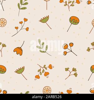 Seamless pattern with spring and summer twigs and flowers. Colorful illustration on a light background. Suitable for packaging, print, fabric Stock Vector