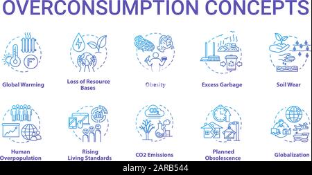 Overconsumption concept icons set. Global warming. Ecological and environmental damage. Consumerism idea thin line RGB color illustrations. Vector iso Stock Vector