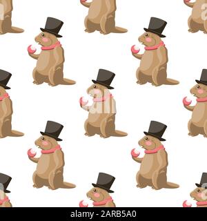 Seamless pattern of a Groundhog eating an Apple in a top hat and scarf on a white background. Vector image Stock Vector