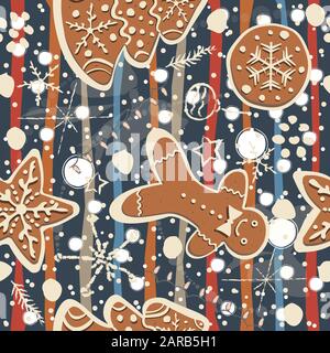 Seamless Winter Pattern with hand drawn gingerbread cookies and funny winter doodles. Delicate Design. Vector Illustration. Stock Vector