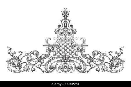 Ancient carving street iron relief with barocco elements, decorative element on gates vector hand drawing illustration in black color isolated on whit Stock Vector