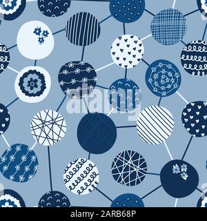 Geometric seamless vector background blue textured circles. Abstract modern connected dots pattern in blue hues. Trendy hand drawn backdrop for Stock Vector