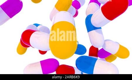 Group of falling capsules with diet suplement, vitamin or medicine drug on white background. 3d render. Stock Photo
