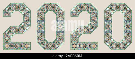 Colorful Vector 2020 year sign in Palace of Alhambra Style. Moorish geometric ornate. Stock Vector