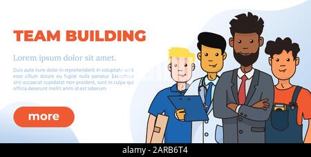 Team Building Design Poster. Team Building Text with Cartoon Characters of Professionals of Various Specialties. Vector Illustration. Open Vacancy Design Template. Stock Vector