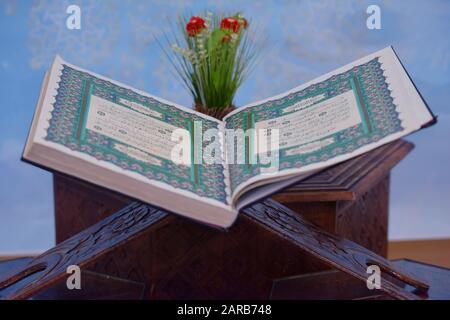 Sarajevo, Bosnia and Herzegovina, january 2020. Quran in the mosque - open for prayers Stock Photo