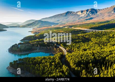 Aerial view of Yesa reservoir. Saragossa, Aragon, Spain. Europe. Stock Photo