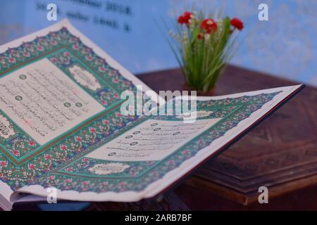 Sarajevo, Bosnia and Herzegovina, january 2020. Quran in the mosque - open for prayers Stock Photo