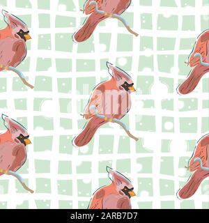 Seamless Pattern with red cardinal birds on white background. Vector illustration Stock Vector
