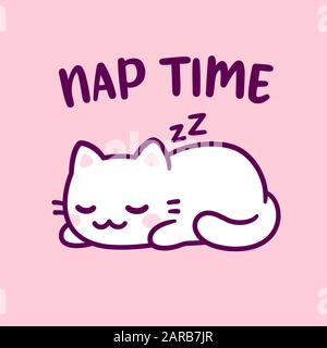 Cute cartoon cat sleeping with text Nap Time. Adorable kawaii kitty hand drawn doodle. Isolated vector clip art illustration. Stock Vector