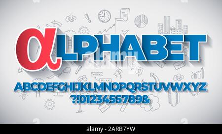 Vector of Blue Bold Modern Font or Alphabet with Long Shadows on Hand Drawn Business Icons Background. Stock Vector