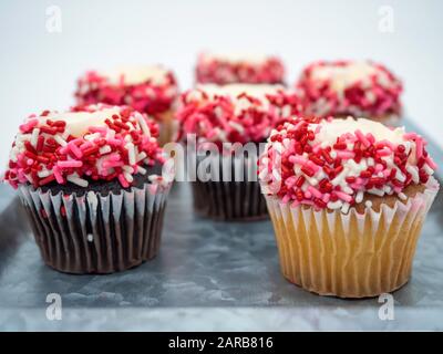 Rustic silver tray filled with chocolate and vanilla cupcakes covered in frosting, red, white and pink sprinkles taken straight on up close.  Perfect Stock Photo