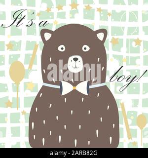Baby Boy Birth announcement. Baby shower invitation card. Cute White Bear announces the arrival of a baby boy. Card Design with message. Blue Backgrou Stock Vector