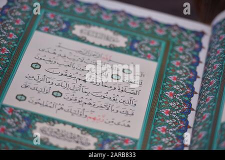 Sarajevo, Bosnia and Herzegovina, january 2020. Quran in the mosque - open for prayers Stock Photo