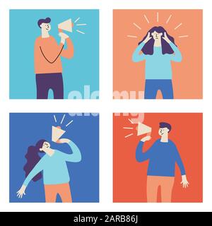 people shout at the megaphone with the latest news word Stock Vector