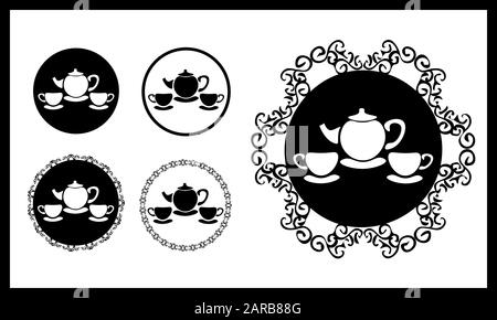 Simple monochrome icons with silhouette of teapot and two cups Stock Vector