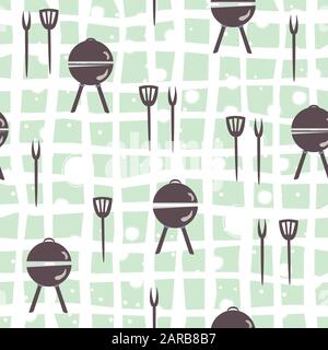 Seamless pattern with grill and kitchen utensils. Vector Illustration Stock Vector