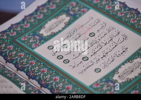 Sarajevo, Bosnia and Herzegovina, january 2020. Quran in the mosque - open for prayers Stock Photo