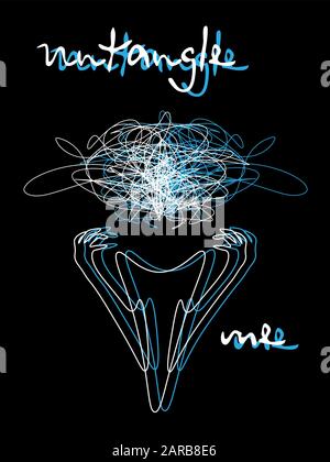 Abstract emotional illustration with tangled thoughts instead of head and text Stock Vector