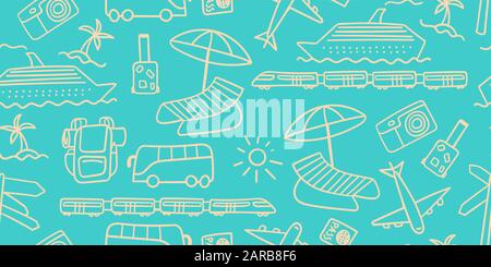 Seamless pattern with hand drawn travel icons. White outline objects isolated on light blue background. Vector illustration. Stock Vector