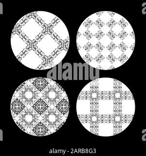 Four monochrome seamless ornate patterns with plaid and floral motif Stock Vector