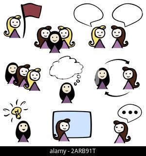 set 9 icons stick person female face speach ballon flag light bulb presentation think  by jziprian Stock Vector