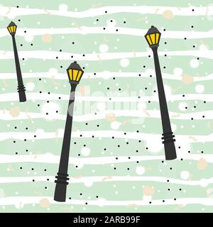 Seamless Pattern with street lanterns on colorful blue background. Vector Illustration Stock Vector