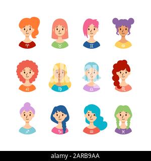 Set of horoscope signs as women. Collection of zodiac signs isolated on white background. Vector illustration of astrological signs. Twelve colorful i Stock Vector