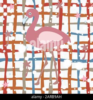 Cute Pink Flamingo with Palms and Stars on white Background with Stripes. Summer Collection. Vector Illustration. Stock Vector