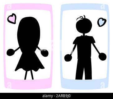 silhouette of a couple with hearts inside two cell phones isolated by jziprian Stock Vector